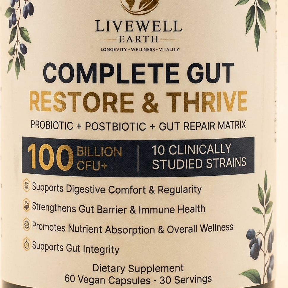 Close-up of the Complete Gut Restore & Thrive label: 100 Billion CFU+, 10 clinically studied strains, 60 vegan capsules, 30 servings