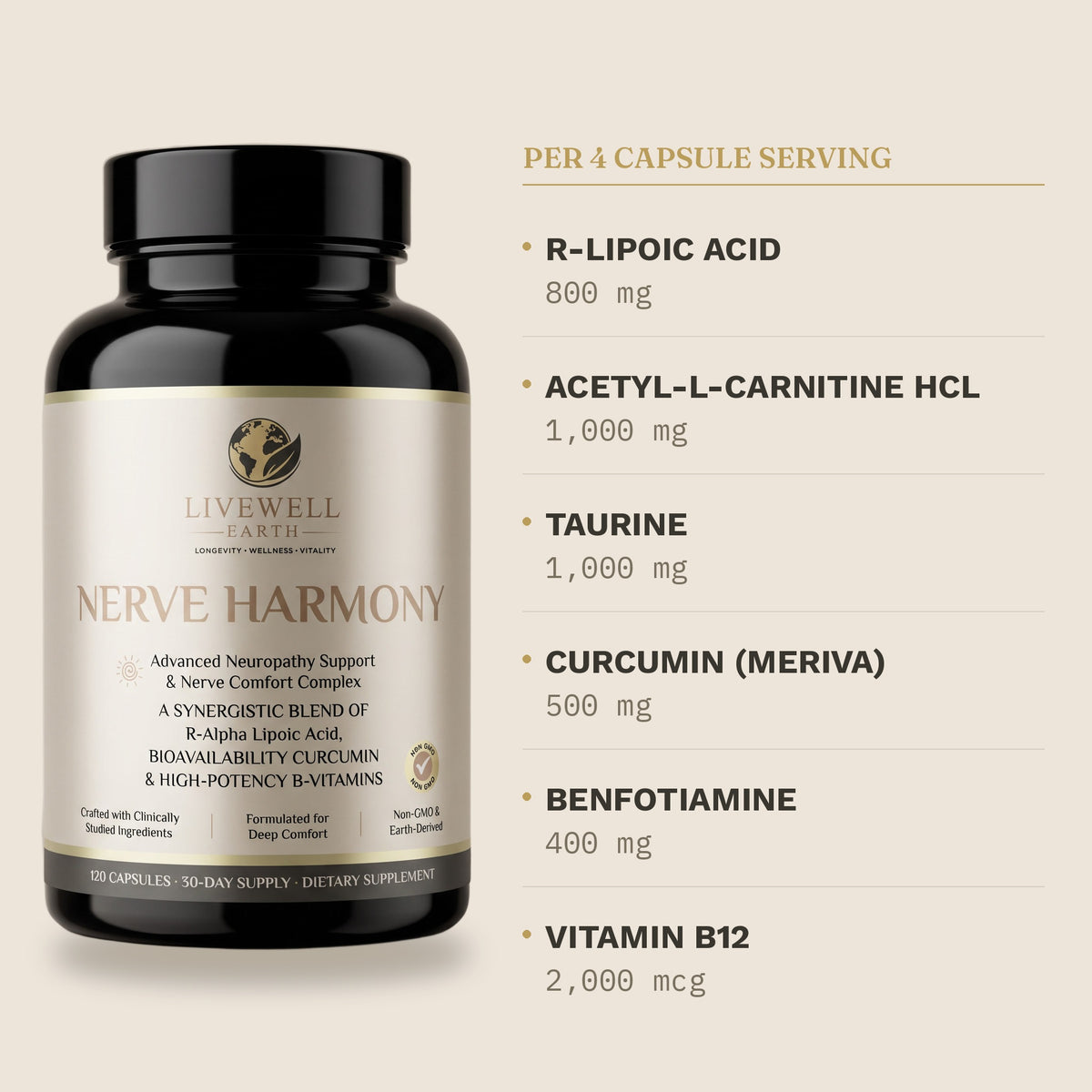 Key actives per 4 capsule serving: R-Lipoic Acid 800 mg, Acetyl-L-Carnitine HCl 1,000 mg, Taurine 1,000 mg, Curcumin (Meriva) 500 mg, Benfotiamine 400 mg, Vitamin B12 2,000 mcg