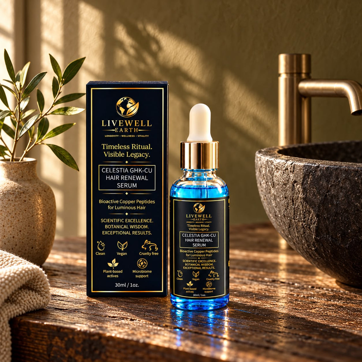 Celestia GHK-Cu Hair Renewal Serum, 30 ml dropper bottle beside its box