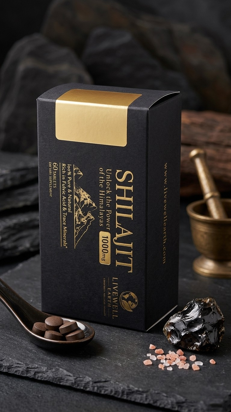 Shilajit carton on slate with a brass spoon of powder