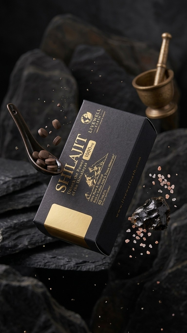 Shilajit carton on dark slate with a brass mortar and pestle and scattered resin