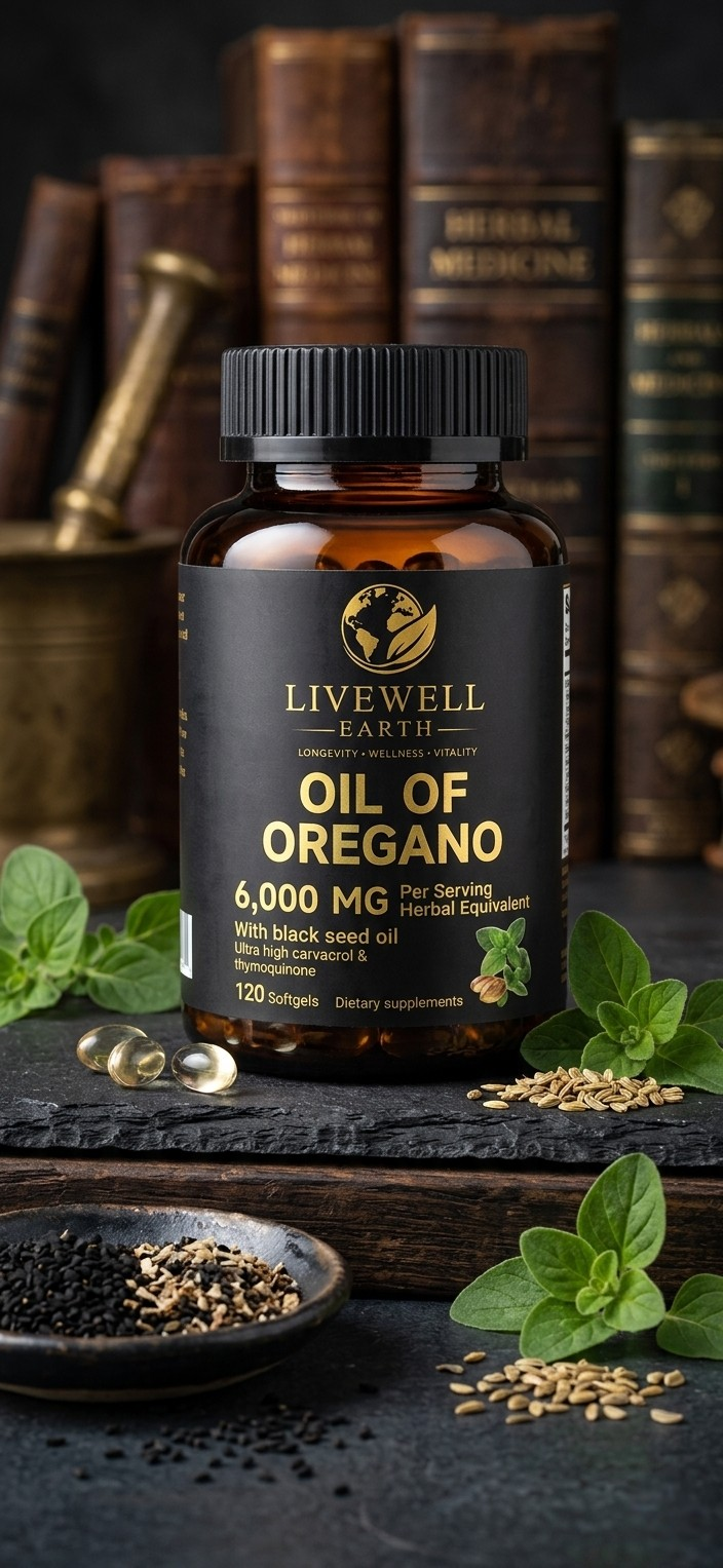 Oil of Oregano bottle beside dried oregano in a dark bowl and antique books
