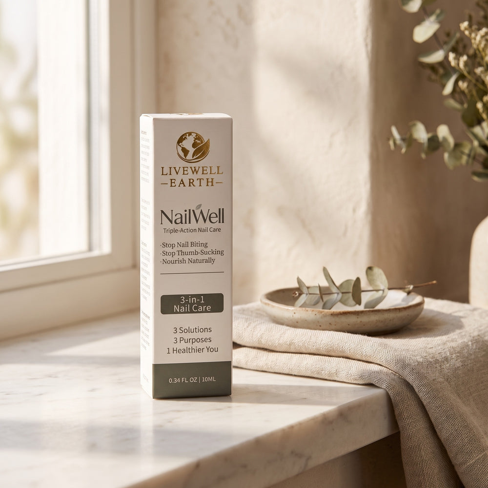NailWell Triple-Action Nail Care carton on a marble bathroom shelf in morning window light