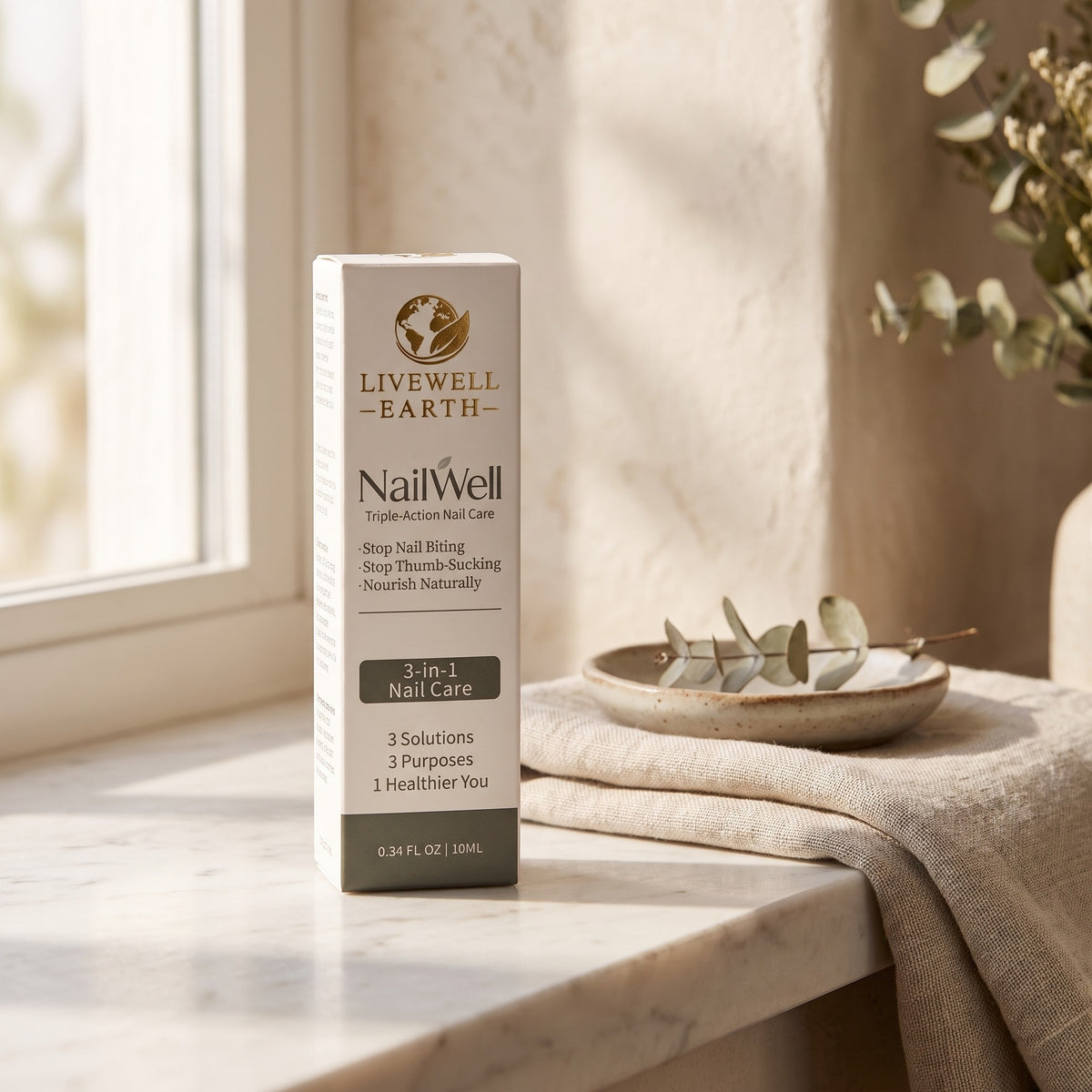 NailWell Triple-Action Nail Care carton on a marble bathroom shelf in morning window light
