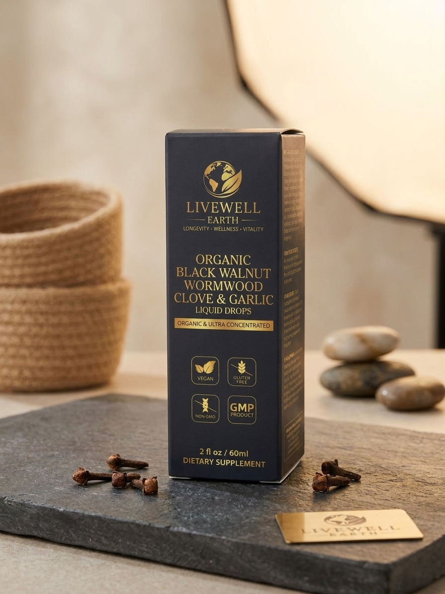 Black Walnut Wormwood Clove & Garlic Liquid Drops in a styled home setting