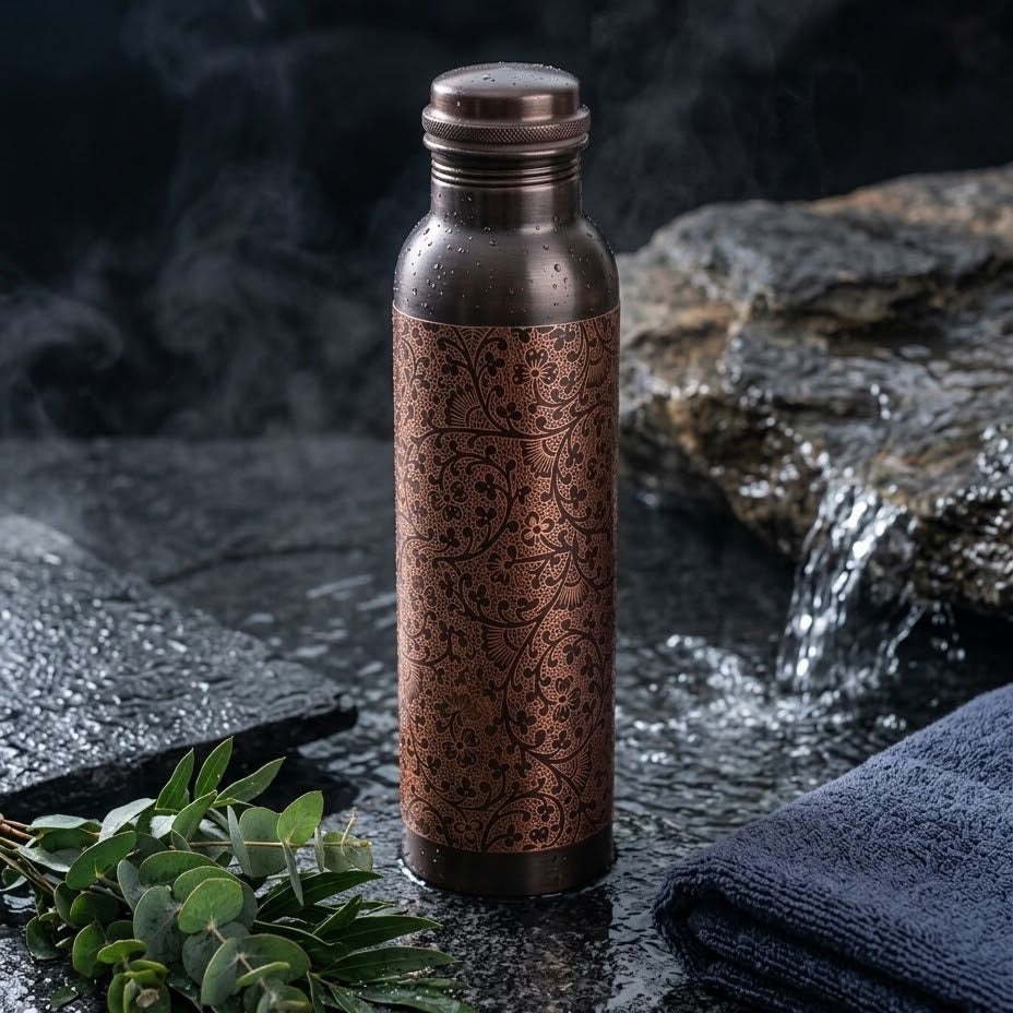 Mina · Engraved Copper: hand-engraved 1 L copper bottle on wet dark stone with eucalyptus