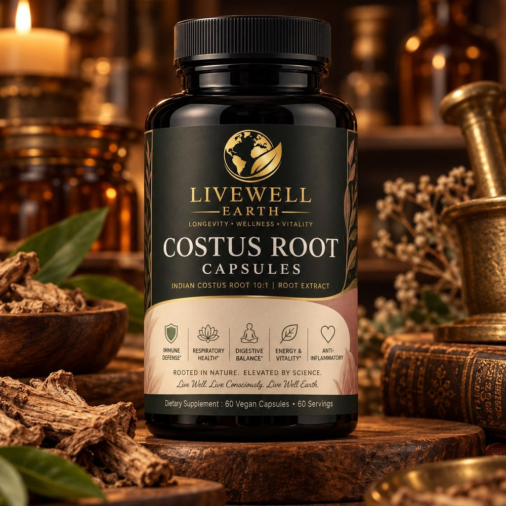 Costus Root Capsules bottle by candlelight with dried costus root and a brass mortar