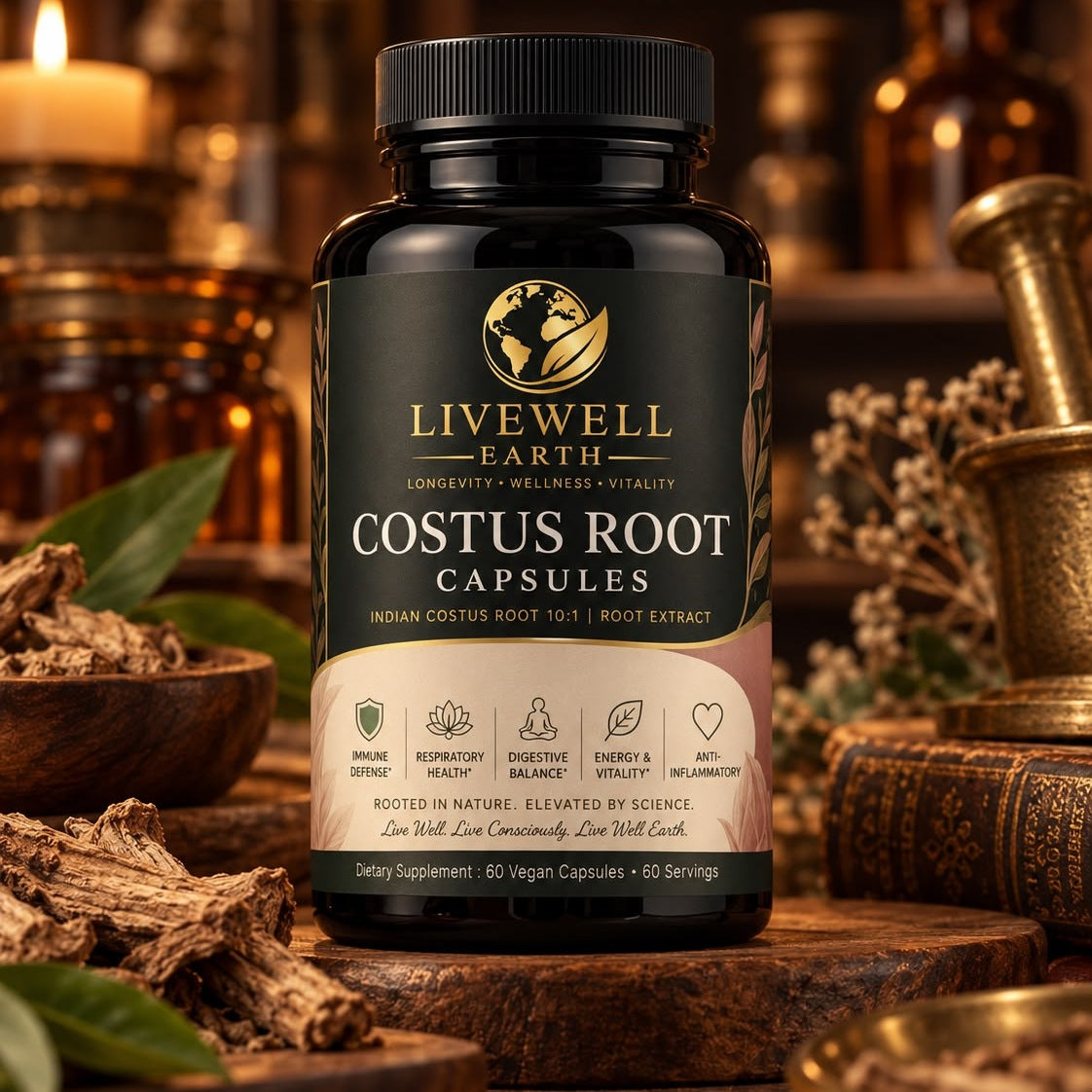 Costus Root Capsules bottle by candlelight with dried costus root and a brass mortar