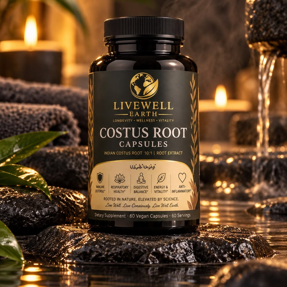 Costus Root Capsules on wet black stones beside running water