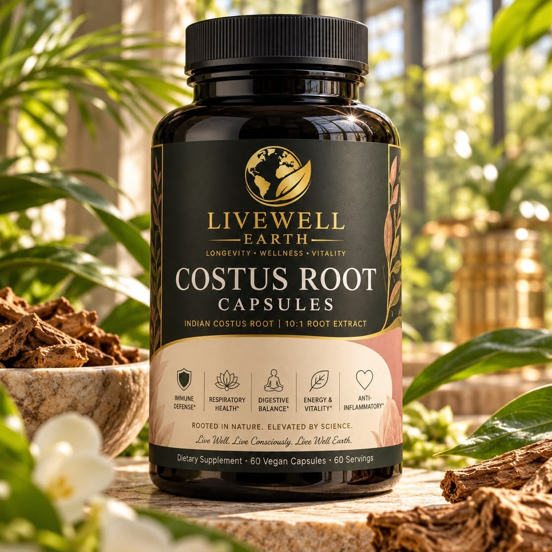 Costus Root Capsules in a sunlit conservatory with costus root pieces