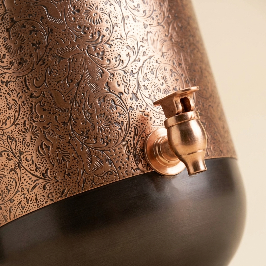 Longevity Copper Water Dispenser, close detail of the etched copper and the polished spigot