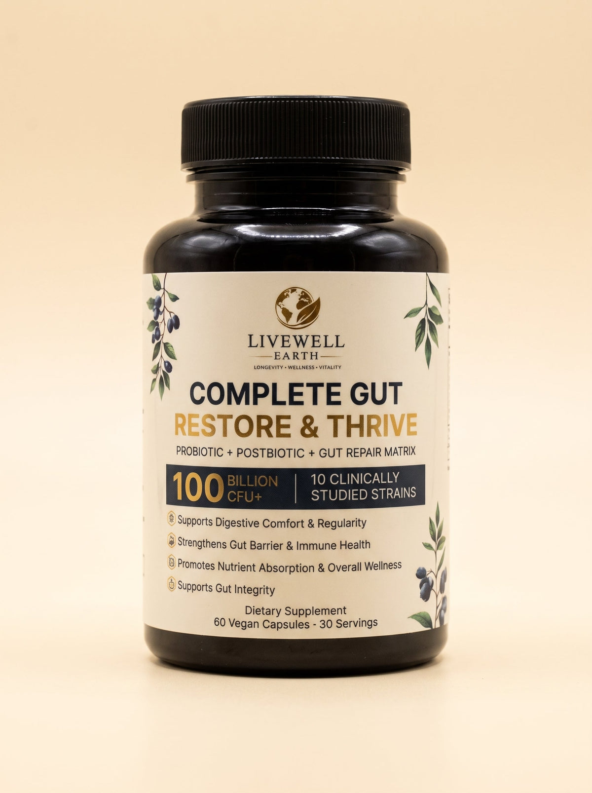 Complete Gut Restore & Thrive, 100 Billion CFU+ probiotic, 60 vegan capsules