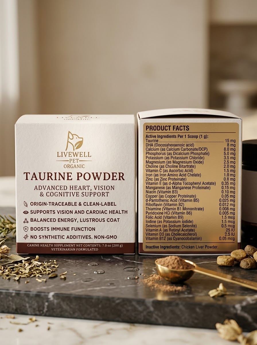 Taurine Powder for Dogs box with its Product Facts panel, 7.0 oz (200 g)