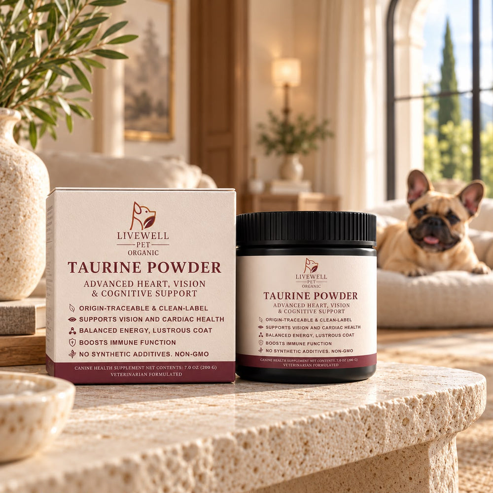 Taurine Powder for Dogs box and jar in a sunlit living room with a French bulldog