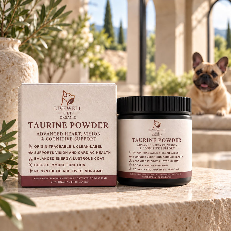 Taurine Powder for Dogs box and jar on a stone terrace with a French bulldog