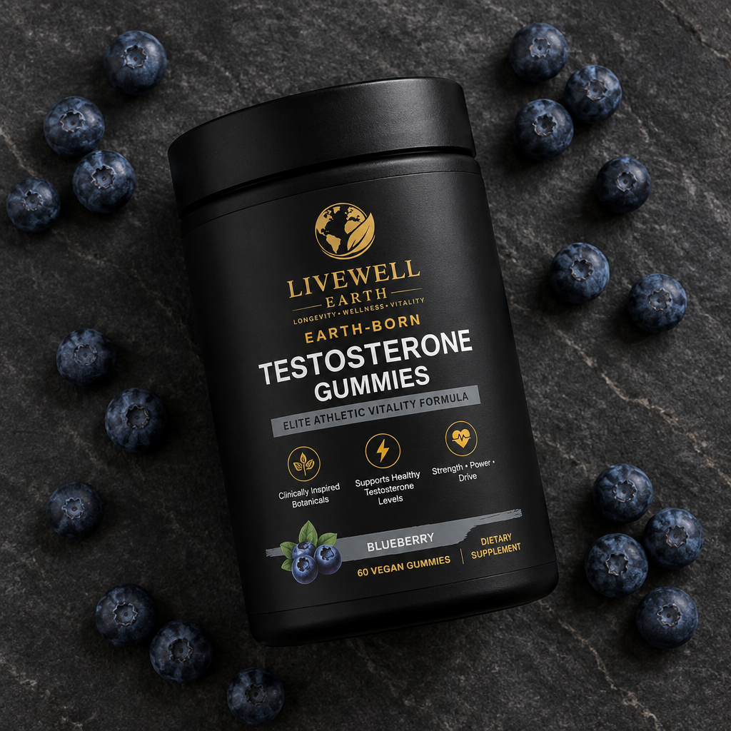 Blueberry: Earth-Born gummies flat lay on dark stone with fresh blueberries