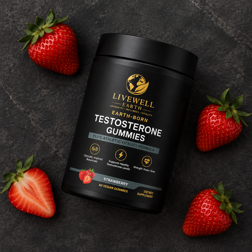 Strawberry: Earth-Born gummies flat lay on dark stone with fresh strawberries