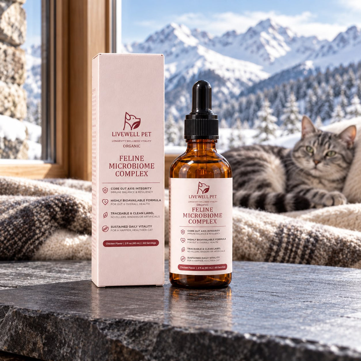 Feline Microbiome Complex box and dropper bottle by a window with a tabby cat, 2 fl oz (60 ml)