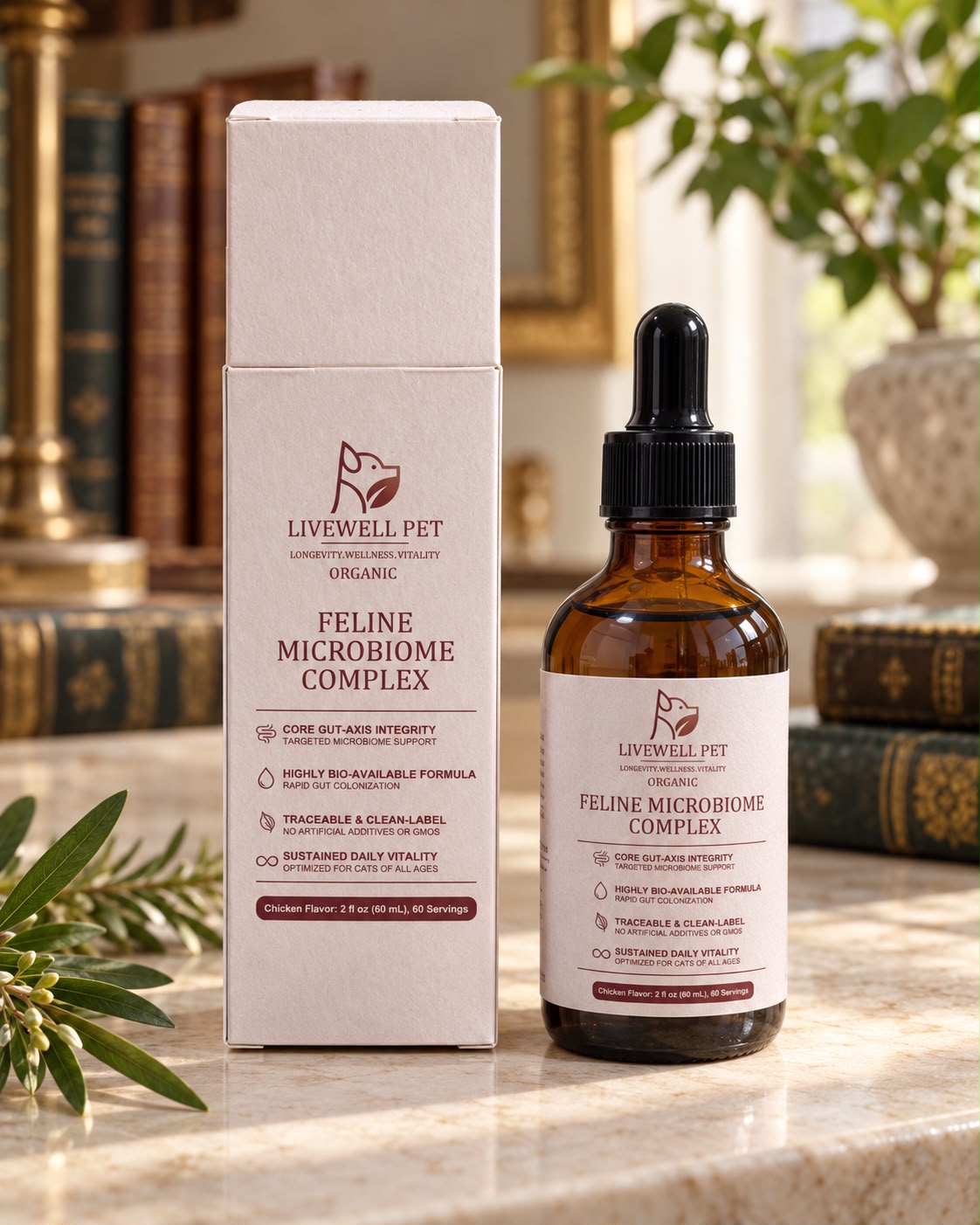 Feline Microbiome Complex box and dropper bottle on marble beside old books
