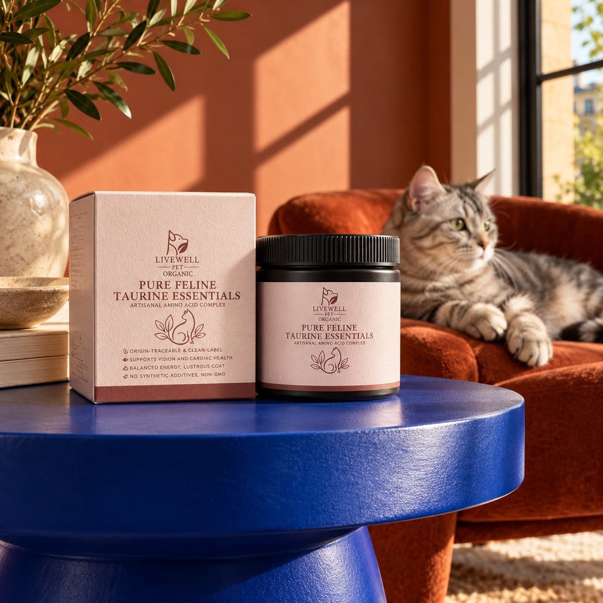Pure Feline Taurine Essentials box and jar on a blue side table with a tabby cat