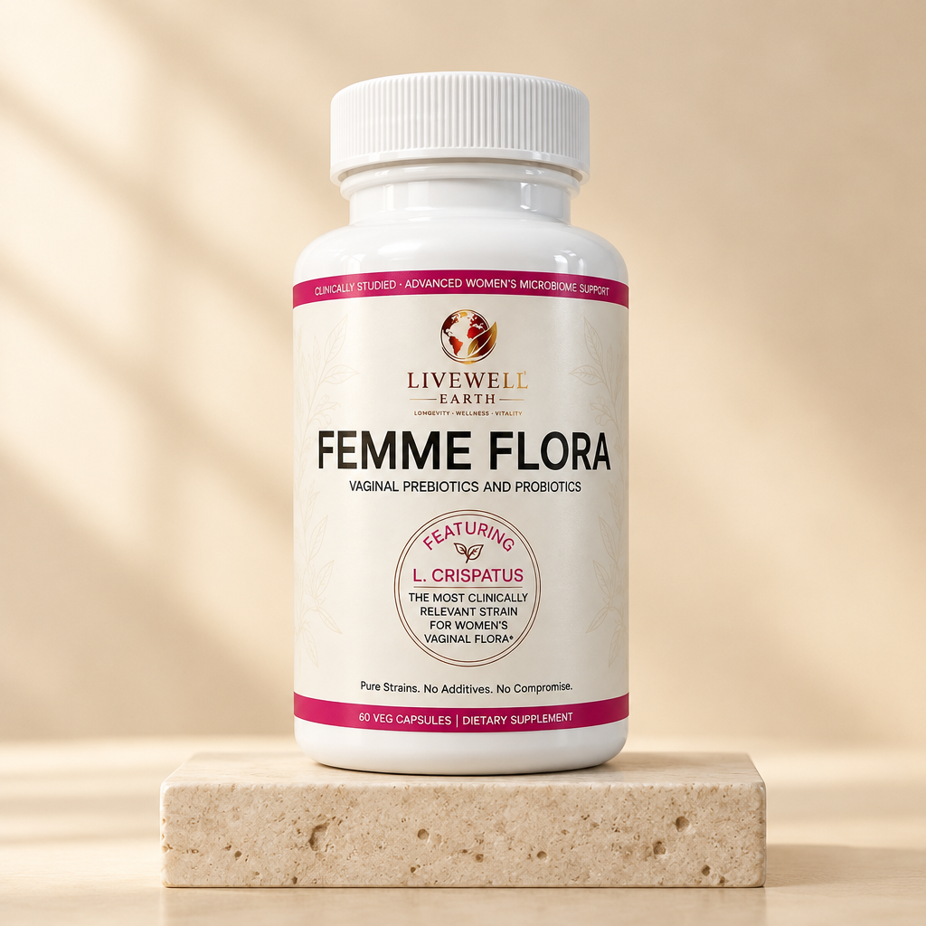 Femme Flora bottle on an ivory travertine plinth · L. crispatus prebiotic and probiotic, 60 vegan capsules