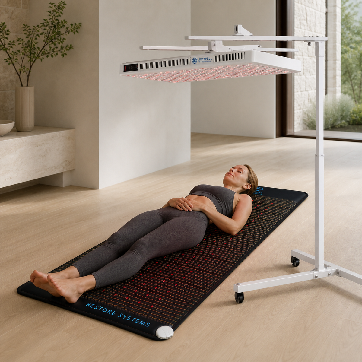 The Restoration Ritual in use: lying on the mat with red light above