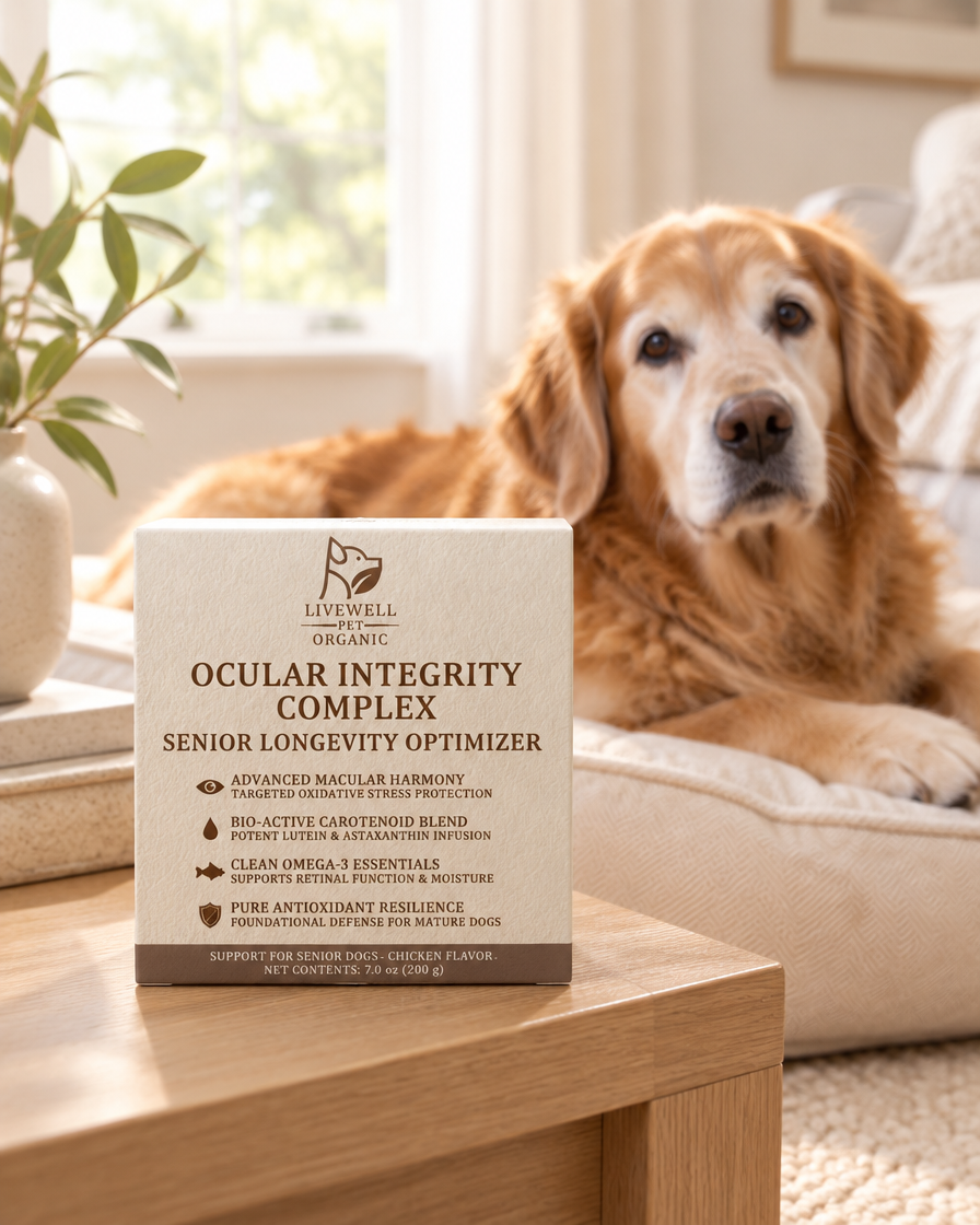 Ocular Integrity Complex on a side table with a senior golden retriever resting behind it
