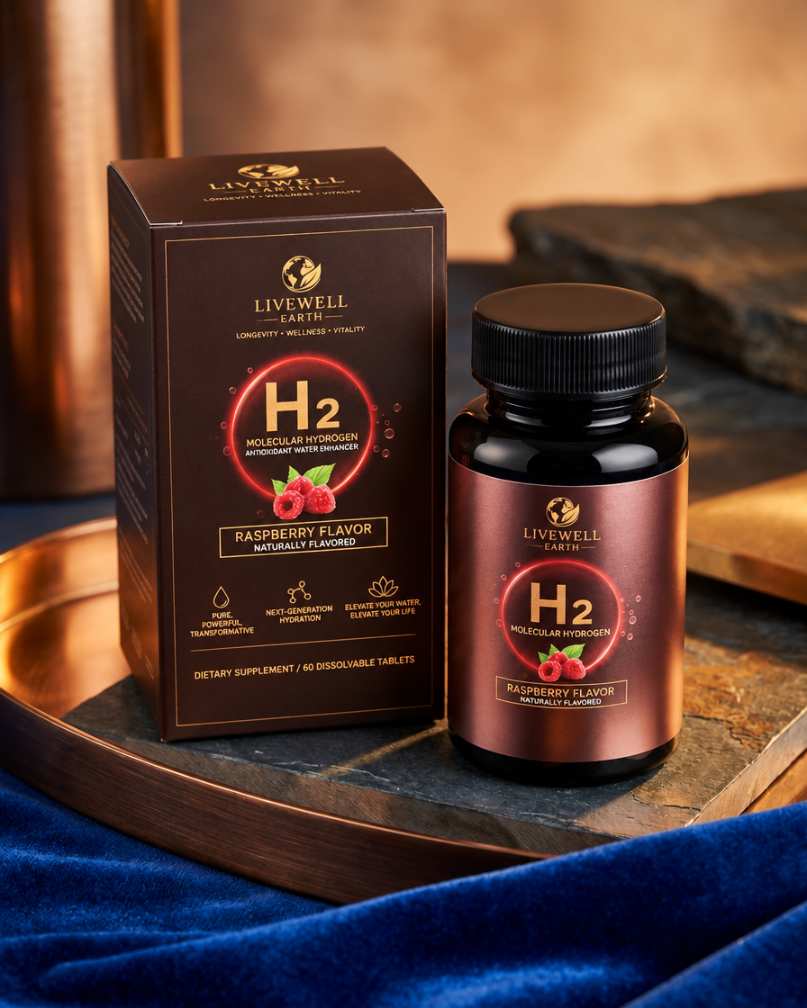 Raspberry: H2 Molecular Hydrogen Tablets box and bottle on slate and copper