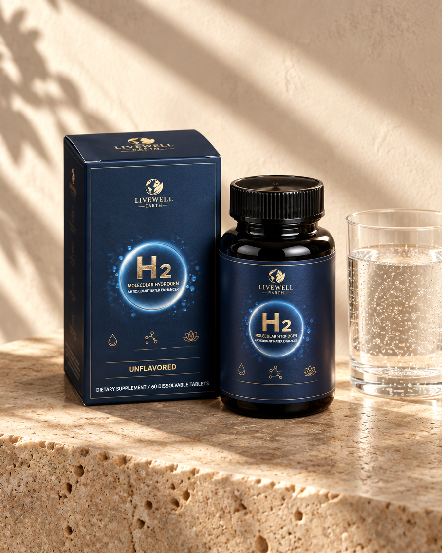 Unflavored: H2 Molecular Hydrogen Tablets on travertine with a glass of water