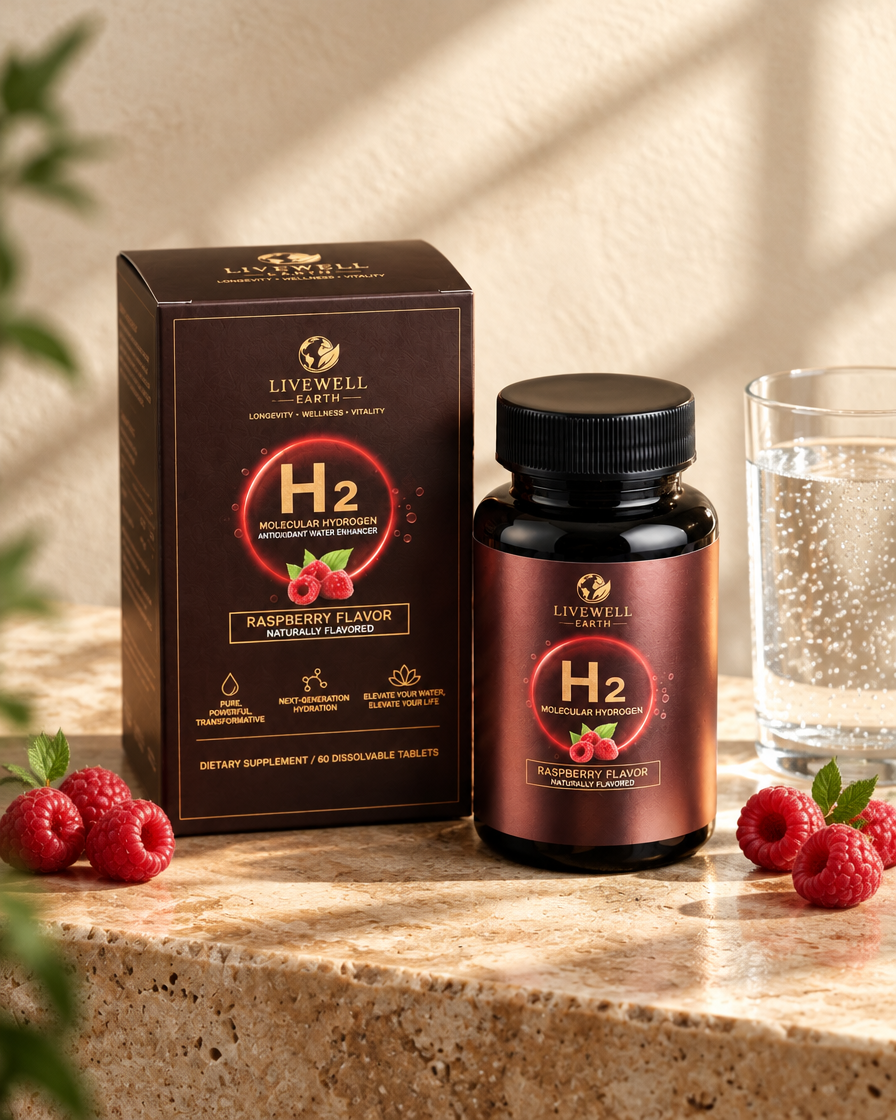 Raspberry: H2 Molecular Hydrogen Tablets on travertine with a glass of water and raspberries