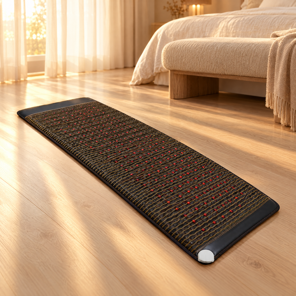 Synergy Mat on an oak floor in a bedroom at golden hour
