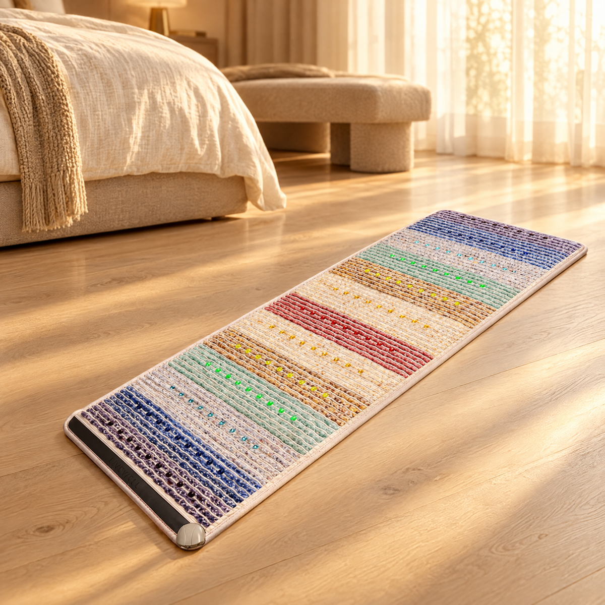 Zenith Mat on an oak floor in a bedroom at golden hour