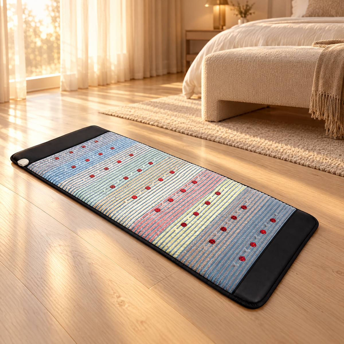 Resonance Mat on an oak floor in a bedroom at golden hour
