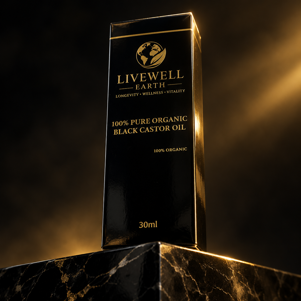 Black Castor Oil box on black marble in warm rim light