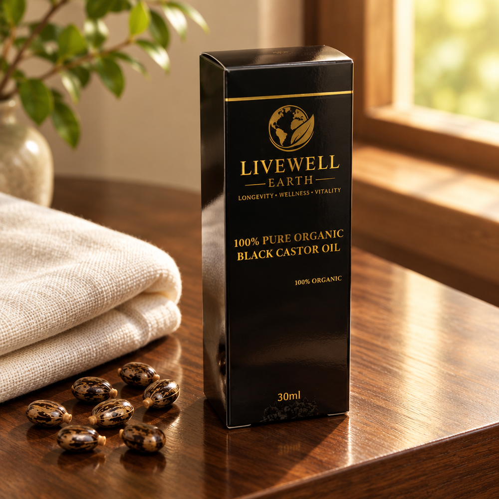 Black Castor Oil box on a walnut vanity with castor beans and a linen towel