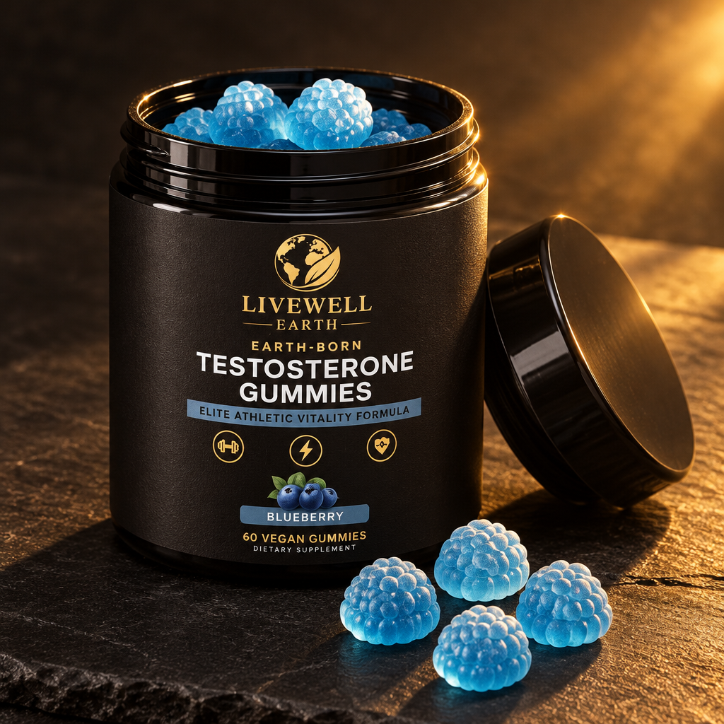 Blueberry: Earth-Born jar open with the blue berry-shaped gummies beside it