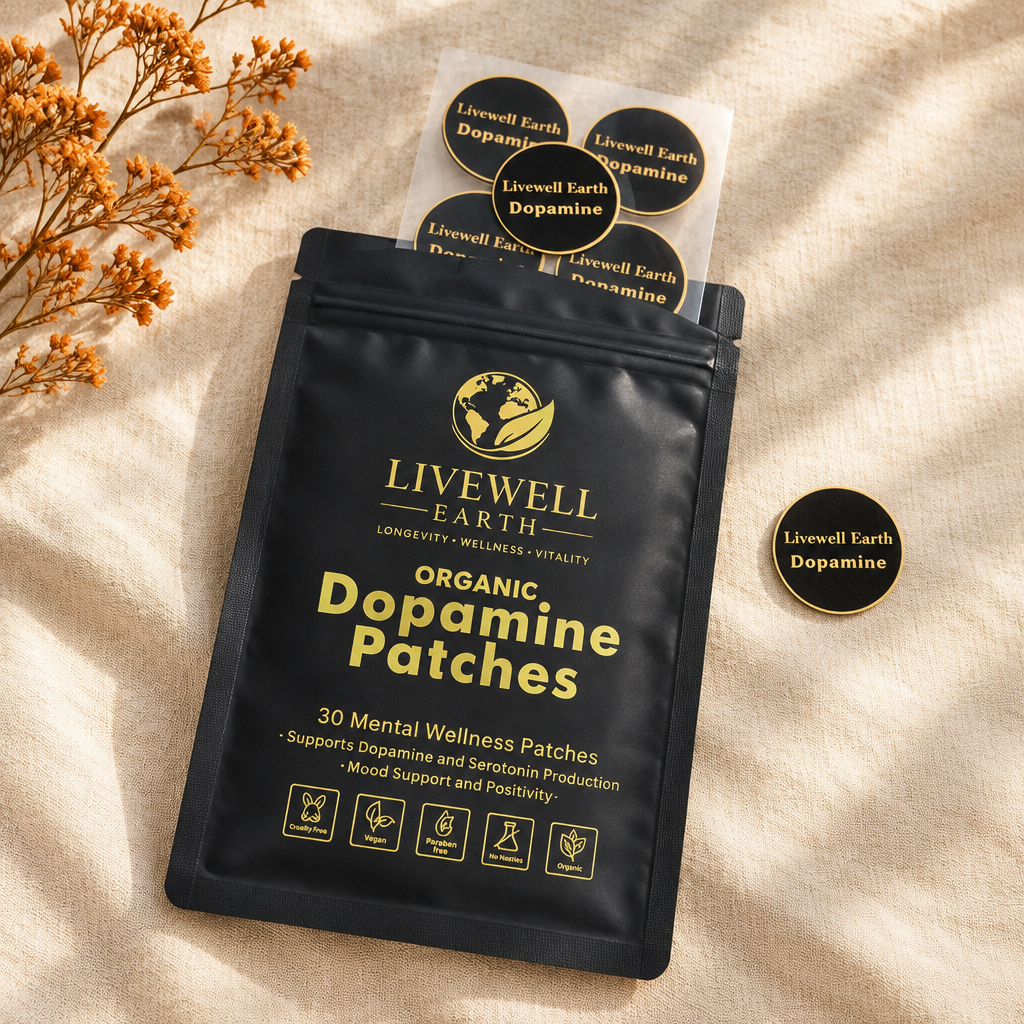 Dopamine Patches pouch with the sheet of round patches sliding out