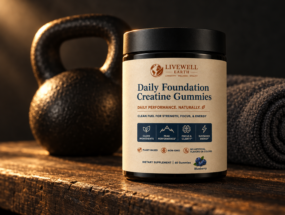 Blueberry: Daily Foundation Creatine Gummies jar on an oak gym bench beside a kettlebell
