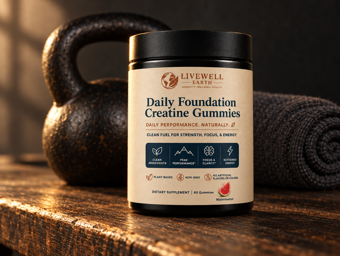 Watermelon: Daily Foundation Creatine Gummies jar on an oak gym bench beside a kettlebell