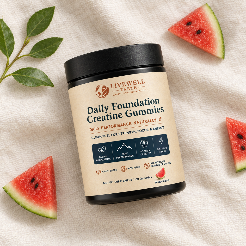 Watermelon: Daily Foundation Creatine Gummies jar lying on ivory linen with watermelon wedges
