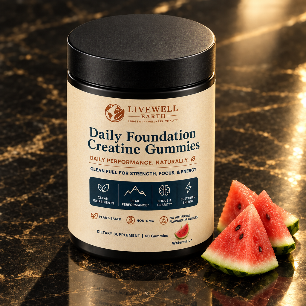 Watermelon: Daily Foundation Creatine Gummies jar from above on black marble with watermelon wedges