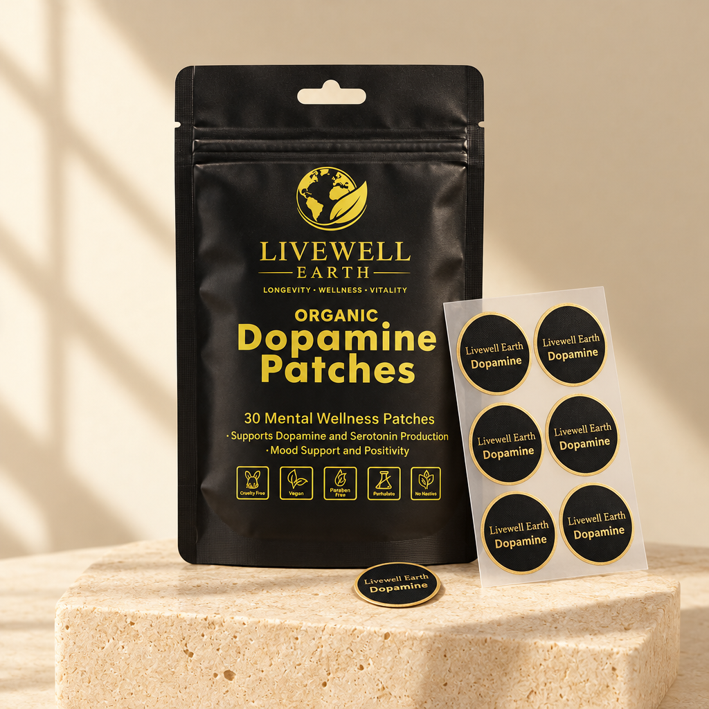 Dopamine Patches pouch with a sheet of round Dopamine patches · 30 patches