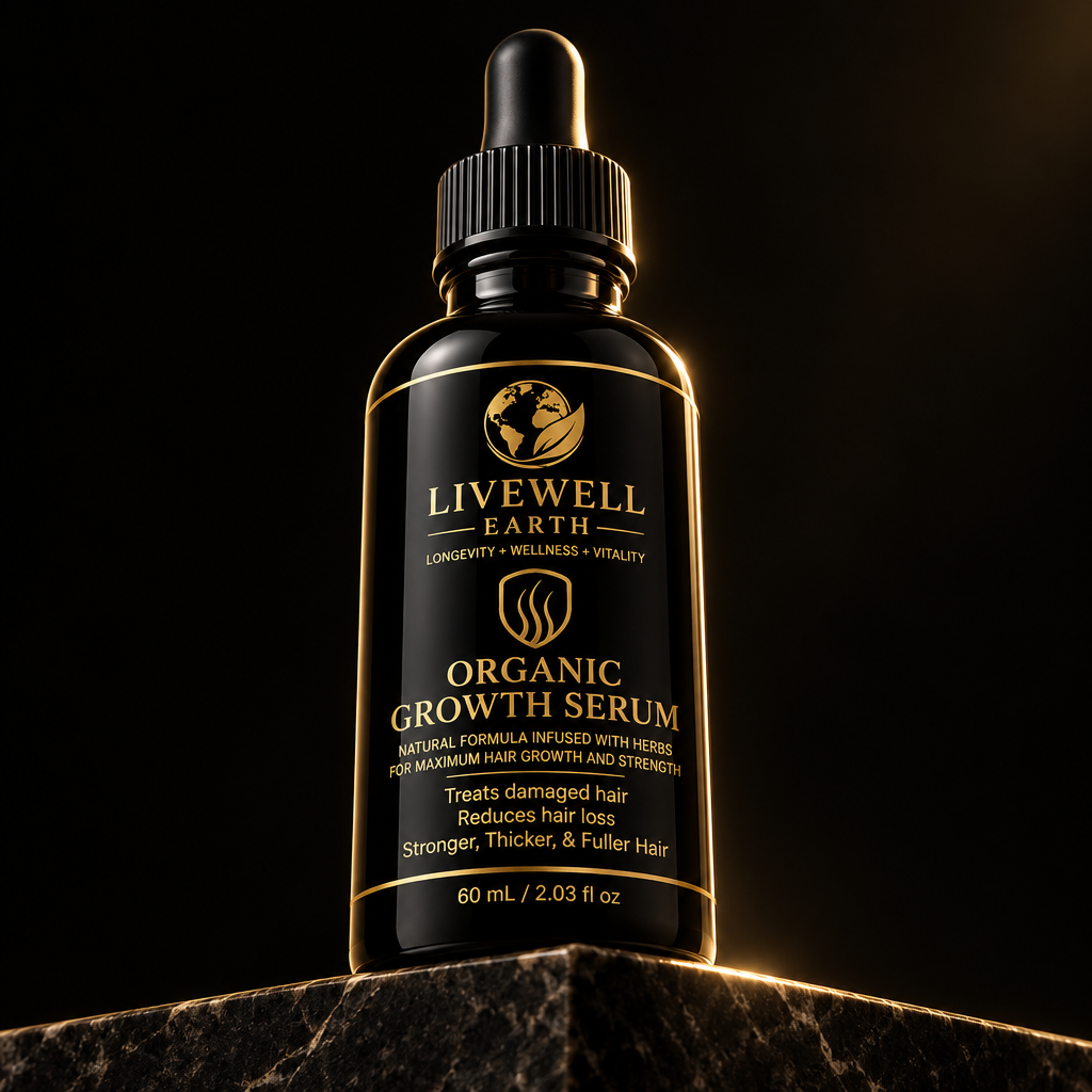 Organic Growth Serum dropper bottle on a dark stone ledge in gold rim light