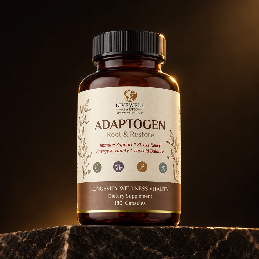 Adaptogen Root & Restore bottle on a dark stone ledge in gold rim light