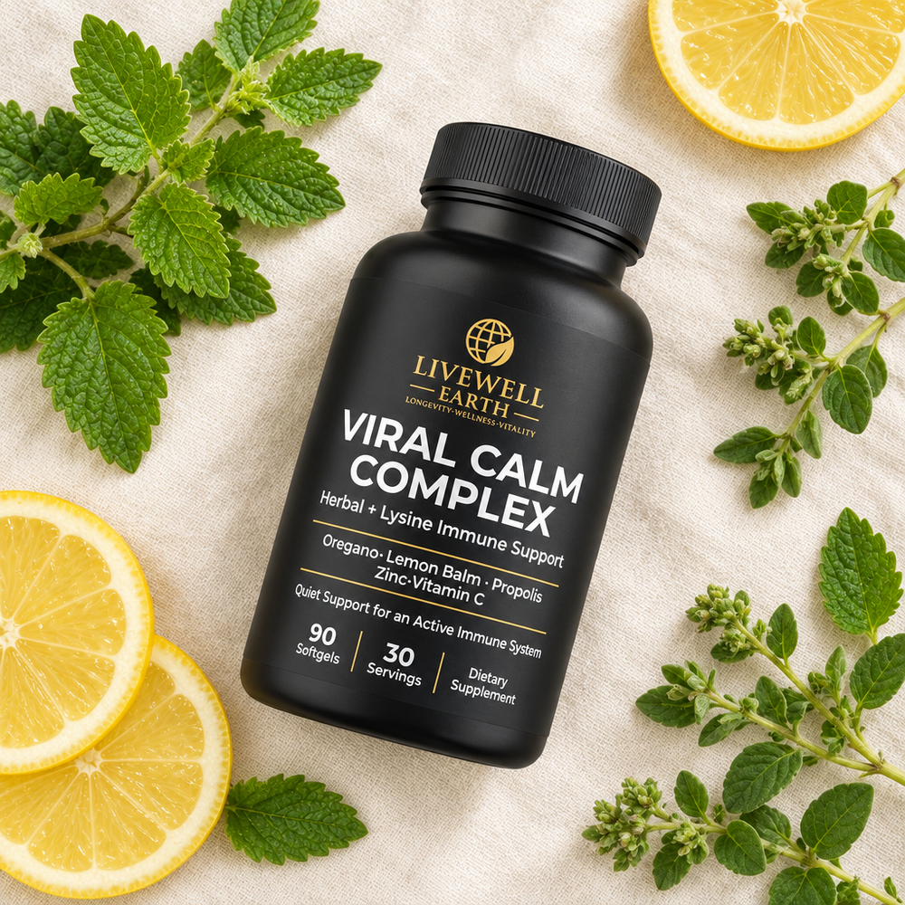 Viral Calm Complex bottle lying on ivory linen with lemon balm, oregano and lemon