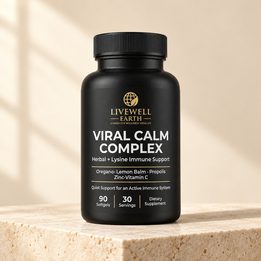 Viral Calm Complex herbal and lysine immune support bottle on an ivory travertine plinth · 90 softgels