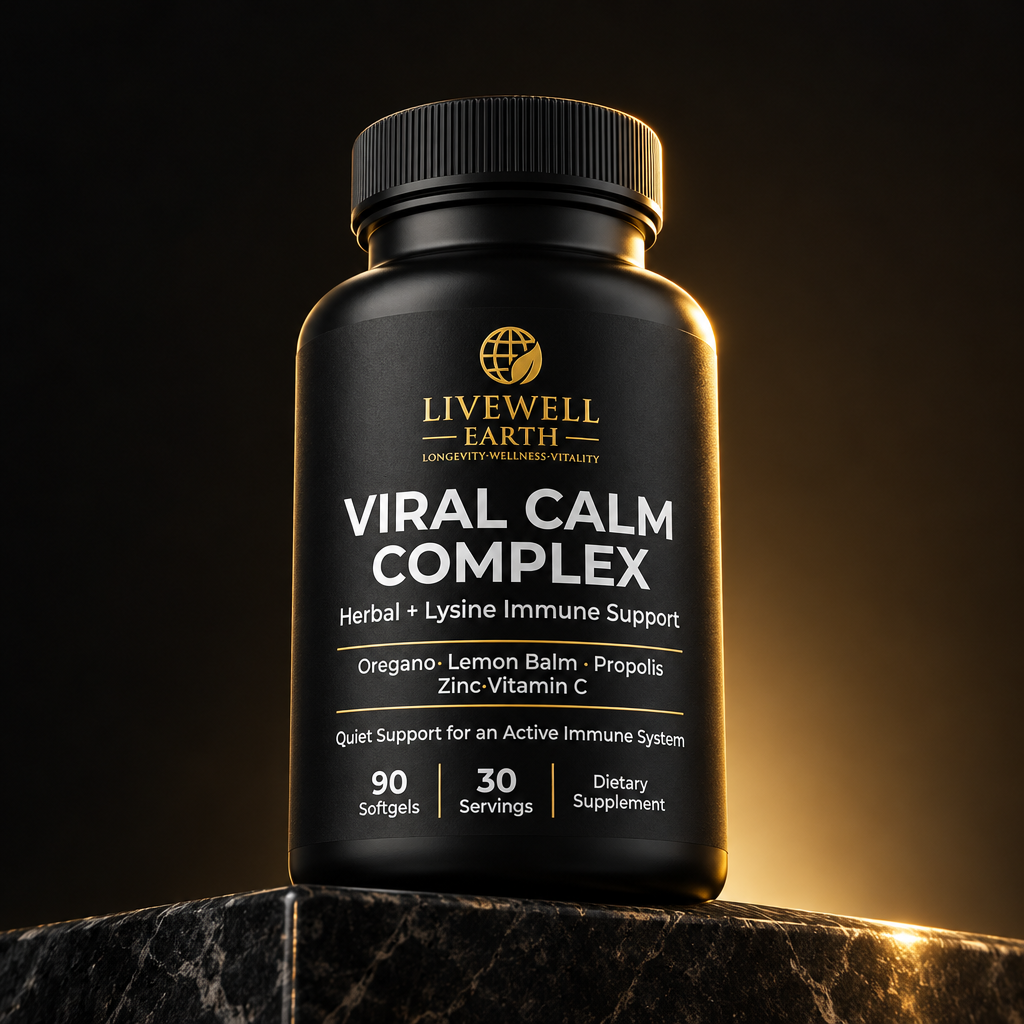 Viral Calm Complex bottle on a dark stone ledge in gold rim light