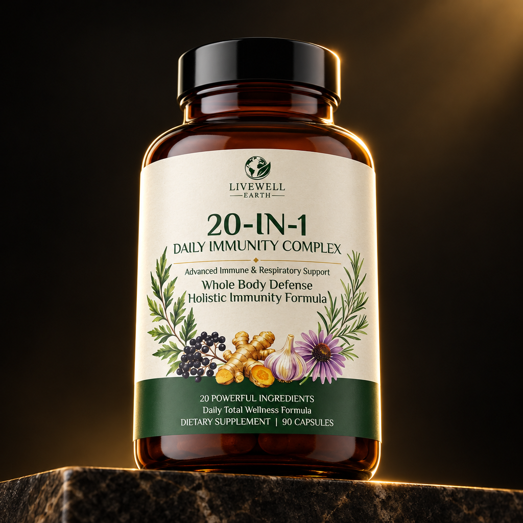 20-in-1 Daily Immunity Complex bottle on a dark stone ledge in gold rim light