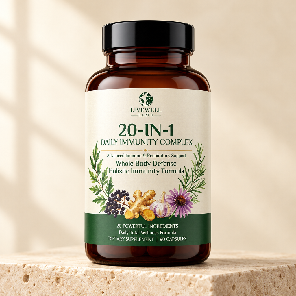 20-in-1 Daily Immunity Complex bottle on an ivory travertine plinth · 90 capsules