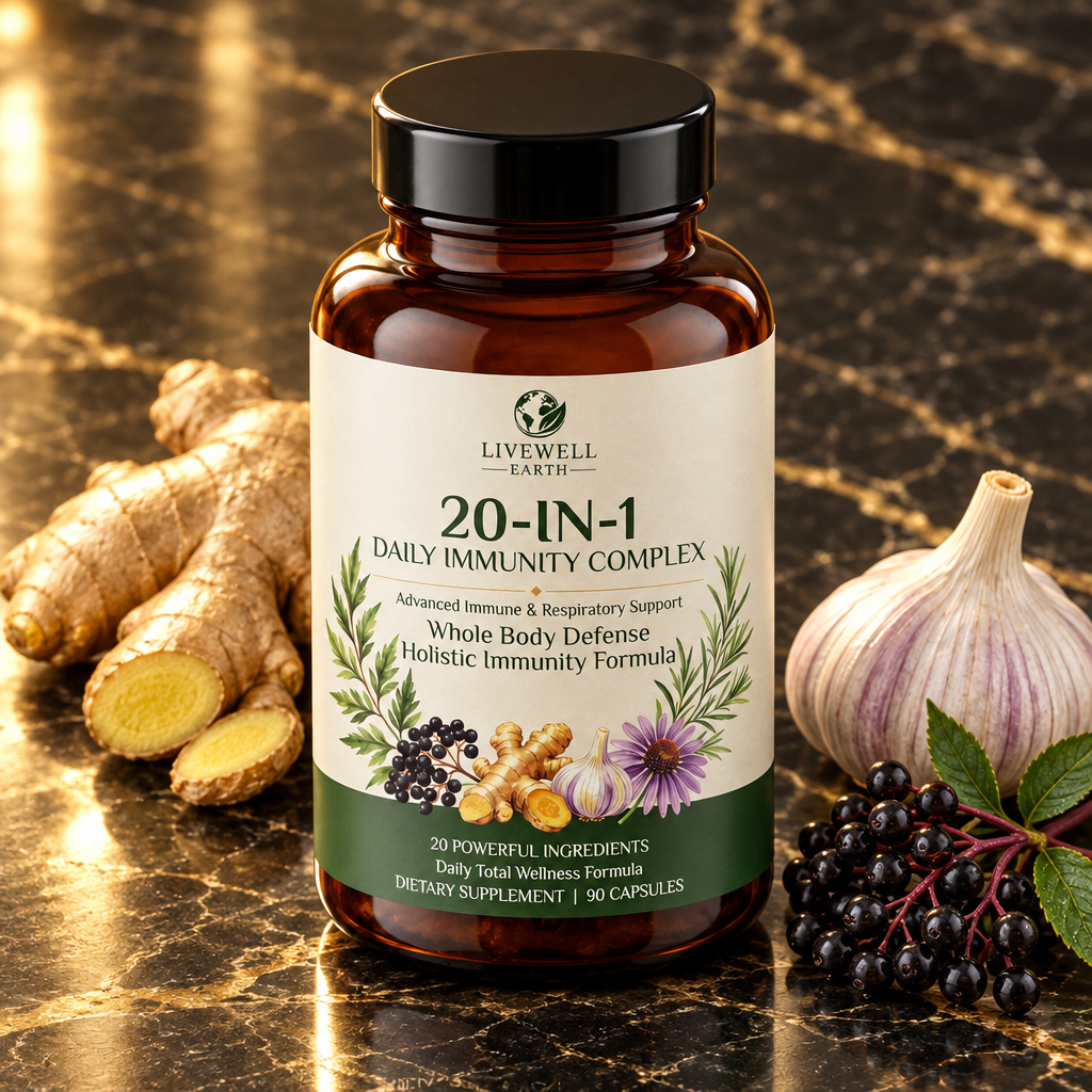 20-in-1 Daily Immunity Complex bottle on black marble with ginger, garlic and elderberries